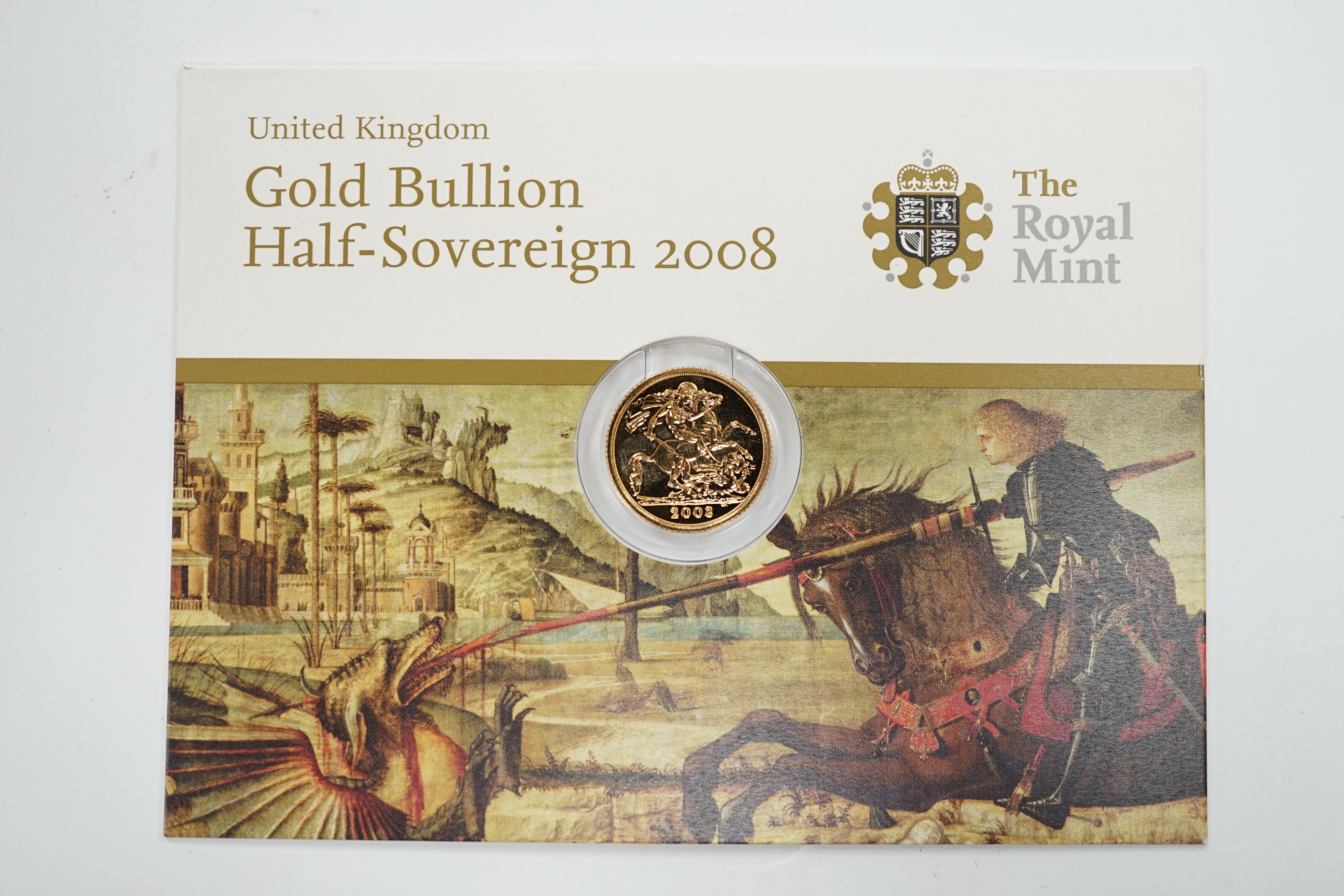 British gold coins, Elizabeth II, 2008 gold bullion half sovereign St. George & The Dragon, BUNC, Royal Mint card